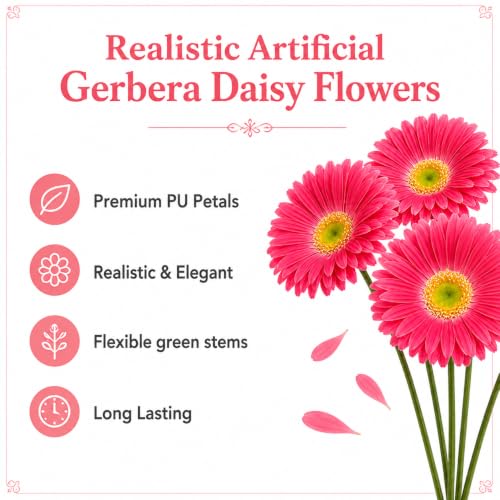 Image of CURATED CART Gerbera Daisy Flowers - Pack of 5 Pink Faux Blooms, 30cm Tall | Real Touch PU Petals with Bendable Green Stems | Artificial Flower Bouquet for Home, Kitchen, Office (Pink) (No Vase)