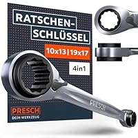 PRESCH 4 in 1 Ratschenschlüssel 10 13 17 19 mm - Umschaltbare Ratschenfunktion - Mit 90 Zähnen & 4° Rückholwinkel - 4 Größen in einem Ratschenringschlüssel - Extrem robuster Ringratschenschlüssel