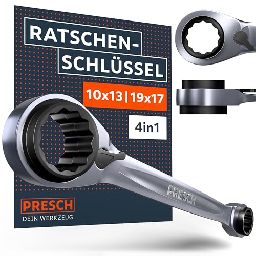 PRESCH Doppel Ratschenschlüssel 10 13 17 19 mm - Umschaltbare Ratschenfunktion - Präzisionsgefertigt mit 90 Zähnen & 4° Rückholwinkel - 4 Größen in einem Schlüssel - 4 in 1 Ringratschenschlüssel