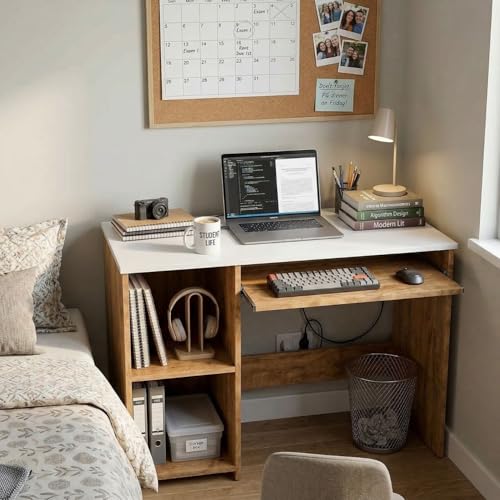 Image of FFO GlideDesk Wooden Computer Desk with Sliding Keyboard Tray & Storage Shelf | Compact Study & Work Table for Home Office | Space Saving Writing Desk | Engineered Wood