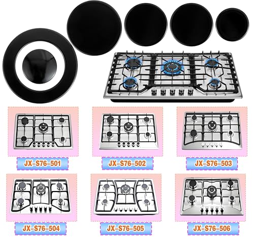 Upgraded Gas Stove Burner Cap Set - 6 Piece Metal Cooker Hat Replacement Kit For SABAF Stoves,Oven Gas Hob Burner Crown Flame Cap Cover, Stove Handles Lid Kit (Flat)