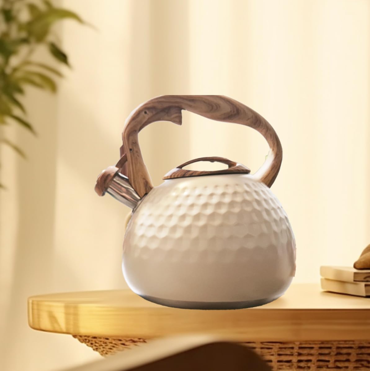 Bollitore retrò in acciaio inox, 3 l, color crema, con manico in legno, Herdarte