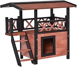 PawHut Wooden Cat House Outdoor Luxury Room Weatherproof Shelter with Balcony and Stair Puppy Garden Large Kennel Brown