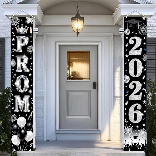 Prom 2026 Banner Prom Decorations 2026 Black Silver Fabric Graduation Banner Class of 2026 Decorations Door Cover Porch Sign Congratulations Banner Reusable Party Decor