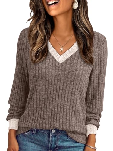 Image of AUTOMET Womens V Neck Long Sleeve Shirts Fall Tops 2026 Lightweight Sweater