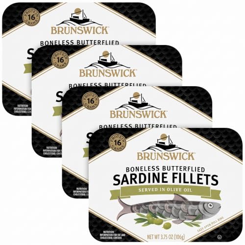 Brunswick Sardines in Olive Oil, 3.75 oz Can - Boneless Butterflied Sardine Fillets - Wild Caught - 17g Protein per Serving - Gluten Free, Keto Friendly (Pack of 4)