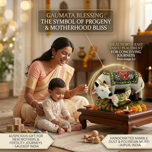 Image of SAUDEEP INDIA Good Luck Gift Items Art Handicraftgiftgallery Decorative Marble dust /Polyresin Cow and Calf Showpiece Idols and Figurines, 5x3x3Inch (Export Quality)
