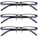 Anourney 3-Pack Reading Glasses for Men, Lightweight Metal Half Frame Blue Light Blocking Computer R