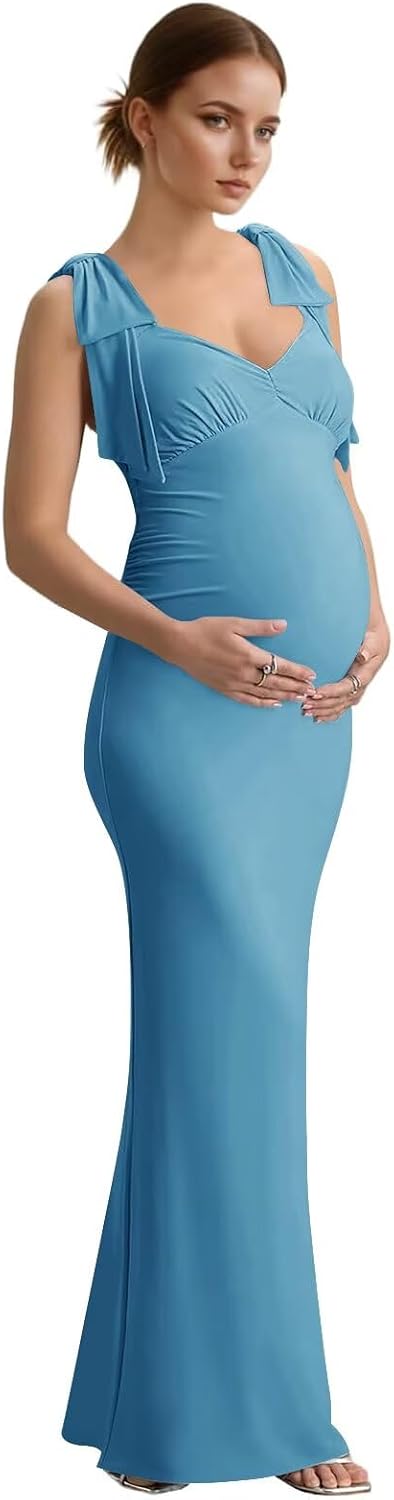 Eightale Satin Mermaid Maternity Dress for Photoshoot Long Bow Straps Pregnancy Gowns for Baby Shower
