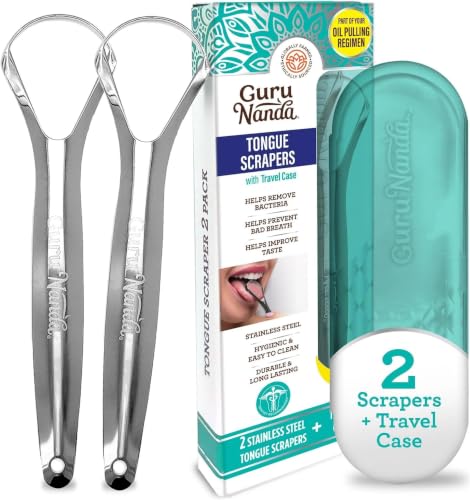 Image of GuruNanda Stainless Steel Tongue Scraper (Pack of 12), Fight Bad Breath, Medical Grade 100% Stainless Steel Tongue Cleaner, Tongue Scraper for Adults and Kids, Great for Oral Care, Travel Friendly