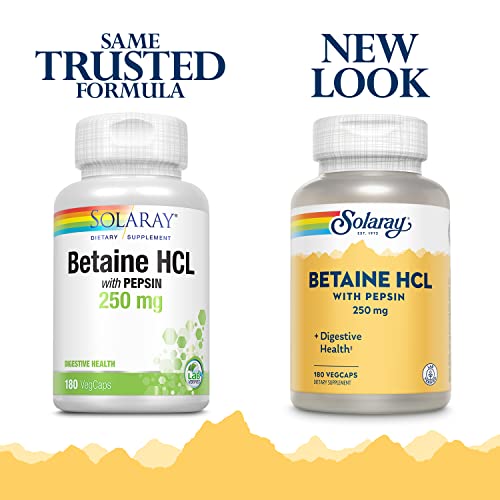 Image of SOLARAY Betaine HCl with Pepsin 250 mg Supplement for Men & Women - Digestive Support, Betaine Hydrochloride Capsules, Gut Health Support Formula, Gluten Free - 180 Veg Cap Ct