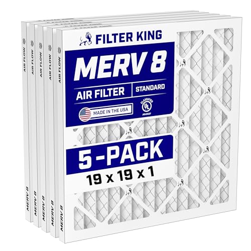 Filter King 19x19x1 Air Filter (MERV 8) (5-Pack) Dust & Allergy Control AC Furnace Filters MADE IN USA HVAC Pleated Electrostatic (Actual Size: 19 x 19 x .75)