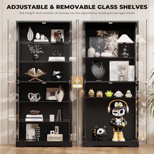 Image of BROTTAR Display Cabinet with Glass Door, 6-Tier 71 inch Curio Cabinet with 3 Color Lights for Collectibles, Display Case with Adjustable Glass Shelves, Human Body Sensor, Storage Cabinets, Black