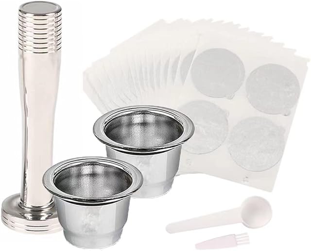 SIGRIPEA Reusable Espresso Capsules Refillable Coffee Pod Stainless Steel Cups Compatible with Nespresso OriginalLine Brewer (2*Pods + 100*Seals(Diameter:37mm) +1*Tamper+ 1*Plastic Scoop + 1*Brush)