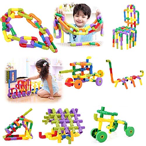 Image of AEXONIZ TOYS Colorful Building Blocks for Kids - Plastic Pipe Building Block with Wheels Creative Smart Activity Fun and Learning Blocks Puzzle Assemble Toys, Children Gift Set(85Pcs)