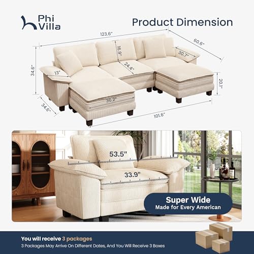 Image of PHI VILLA Cloud Modular Couch Sets, 123.6 inch Oversized Sectional Sofa with U-Shaped Chaise, 5-Seater Couches with 2 Movable Ottomans for Living Room, Corduroy Beige