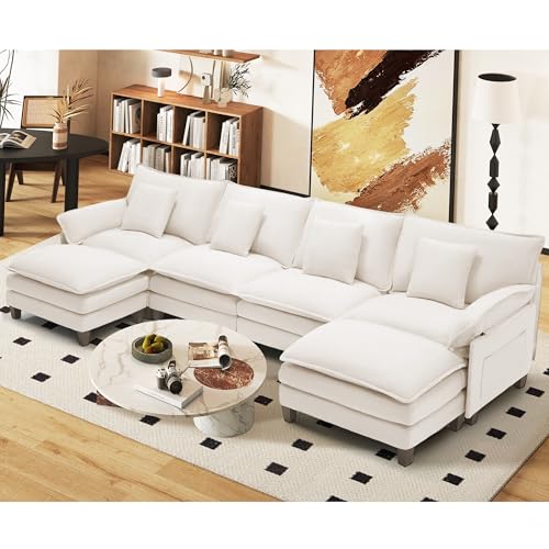 Image of 140 inch U Shaped Modular Sectional Cloud Couch, Modern Sofa with Ottoman, 6-Seat Deep Seat Sofa with Pillows for Living Room, Bedroom and Apartment, Beige