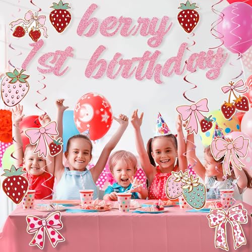 Image of Yunlly Berry First Birthday Party Decorations Strawberry Coquette Bow Hanging Swirls Berry 1st Birthday Banner Disco Balloon Rodeo Bachelorette Decor Supplies for Baby Shower Party Favors