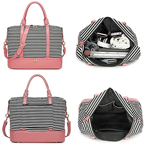 BLUBOON Weekender Overnight Bag Women Ladies Carry-on Tote Canvas Travel Duffle Bag with Shoe Compartment in Trolley Sleeve (289 Pink -black stripe)