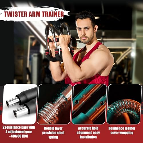 Image of Twister Arm Trainer, 30-60 lbs Adjustable Twister Arm Chest Exerciser with 2 Spring & Poster for Men & Women, Detachable Power Twister Home Fitness Equipment for Enhancing Upper Body Muscle -Red