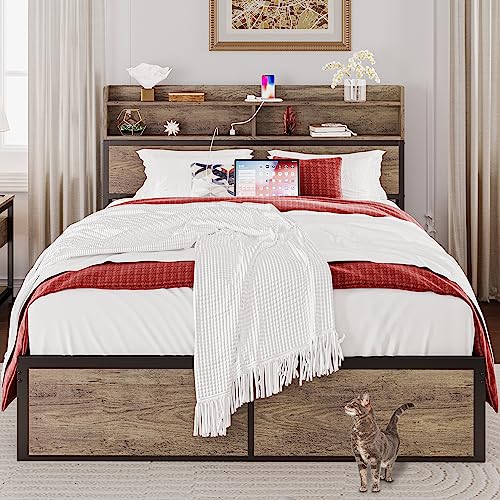 IRONCK Full Size Bed Frame with Bookcase Headboard with Charging Station, Mattress Foundation/No Box Spring Needed, Non-Slip Without Noise, Rustic Maple