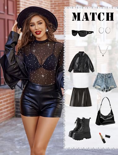 Avidlove Mesh Top Women Rhinestone Sheer Tops for Women Long Sleeve See Through Shirt Mock Neck Tee Blouses S-XXL4