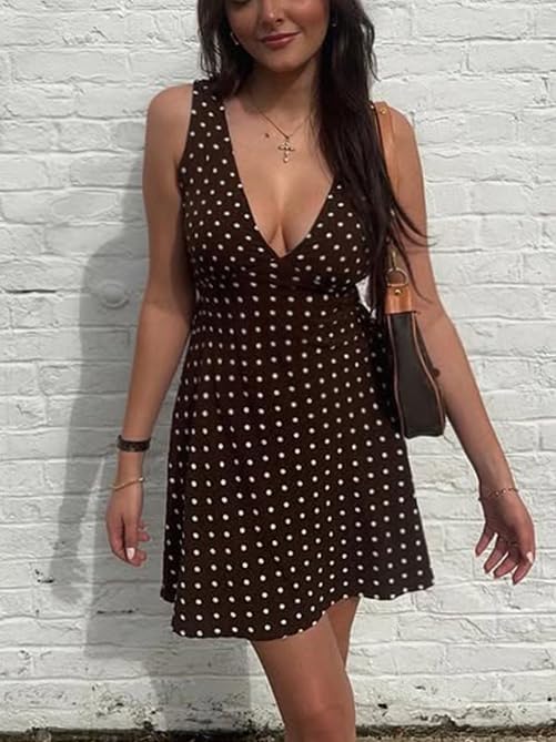 Brown Polka Dot Mini Dress for Women Y2k V - Neck Sleeveless Mini Dress Vintage Streetwear Summer Outfit 2025 - Image 6