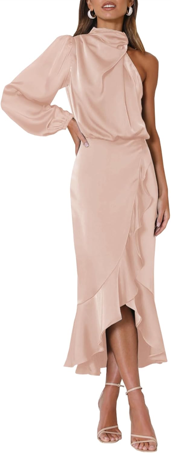 MITILLY Women's Satin Formal One-Shoulder Mock Neck Long Sleeve Bodycon Wrap Mermaid Hem Cocktail Party Maxi Dress New Medium Rose Gold