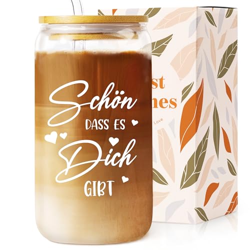 Juratar Geschenke für Frauen Männer- Cocktailgläser mit Deckel und Strohhalm- Schön, dass es Dich gibt, Bleifreie Trinkgläser, Iced Kaffeegläser. Ideal für Bier, Cocktails, Saft und Wasser