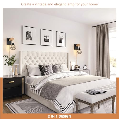 Image of Lomoky Farmhouse Wood Wall Sconces with Plug in Cord, Black Wall Sconces Set of Two, Wall Lamps that Plug into Wall Outlet, Vintage Sconce Lighting Wall Decor for Bedroom Living Room, with 5.58FT Cord