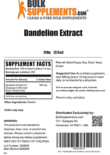 Bulksupplements.com Dandelion Root Extract Powder - Herbal Supplements For Liver & Digestive Support - Gluten Free - 500Mg Per Serving, 200 Servings (100 Grams - 3.5 Oz) #TOP1
