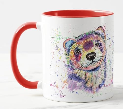Image of Vixar Ferret Pet Watercolour Art Coloured Mug Cup Gift Birthday Work Office Christmas Tea Coffee (Red)