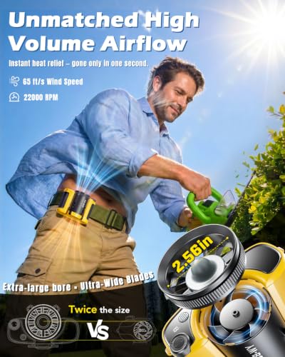 Portable Waist Fan, Clip-On Wearable Personal Belt Fan with 10000mAh Rechargeable Battery for 40H Use, 360° Air Tube, 22000RPM, Flashlight and Desk Stand for Outdoor Work, Golf, Camping, Yellow — view 2