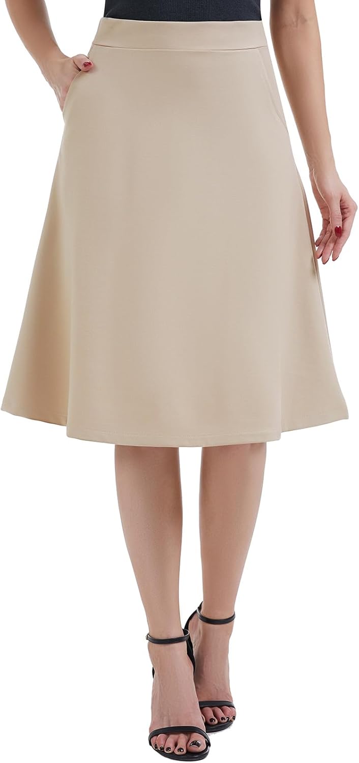 Women's A-Line Ponte Midi Skirt High Waist Elastic Waistband Office Casual with Pockets - Image 5
