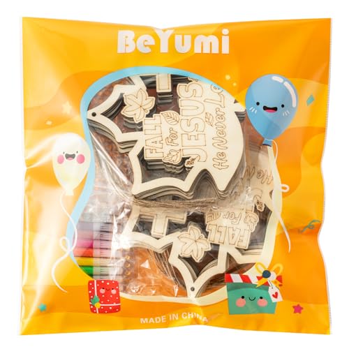 BeYumi Fall Wooden Leaves Craft - 20Pcs DIY Wooden Maple Leaves Ornaments Craft Kit for Kid Make Your Own Christian Religious Fall for Jesus Craft with Gem Sticker Church Thanksgiving Party Decoration - Image 6