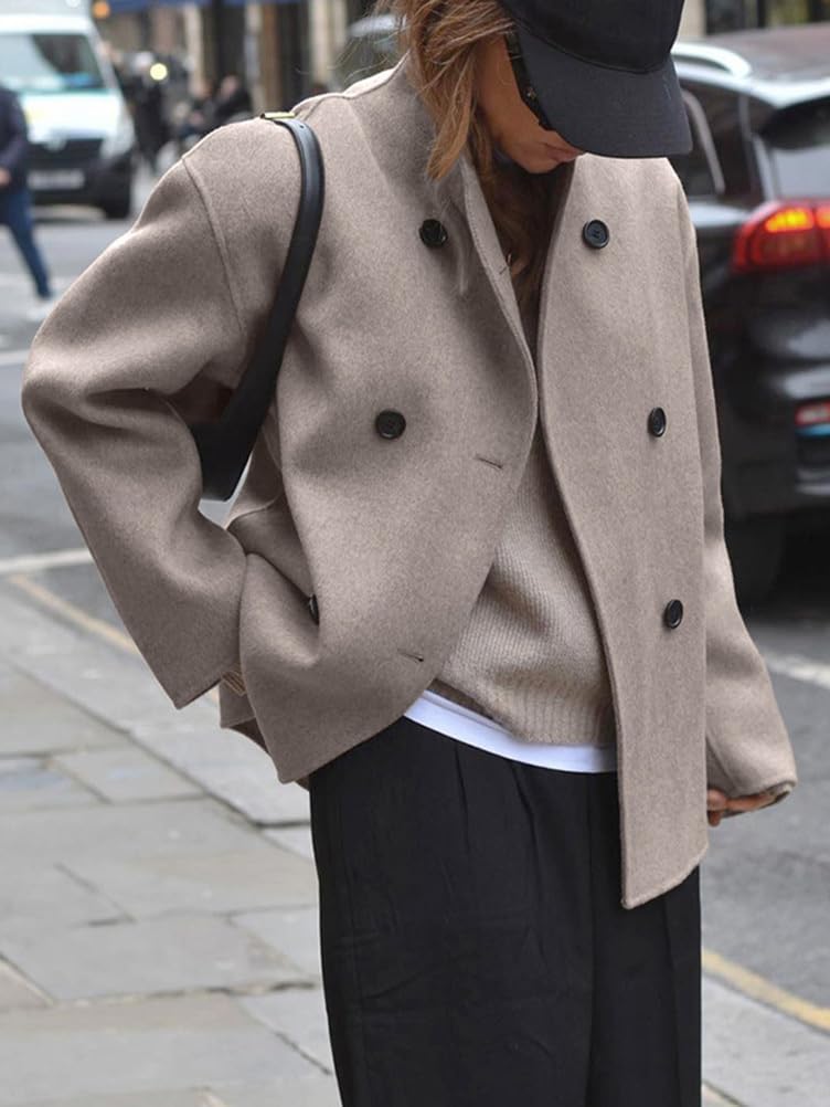 Cappotto Donna Invernale Giacca in Lana Giacche Corte Oversize Maniche Lunghe Colletto Rialzato con Doppio Pulsante Cappotti con Tasche Trench-Coat