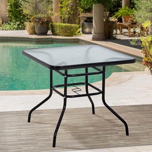 Capacmkseh 32" Patio Table with with Umbrella Hole, Square Outdoor Dining Table Bistro Table with Glass Table Top, Small Outdoor Table for Pool, Lawn, Backyard, Balcony - Image 3