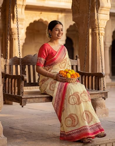 Image of SIRIL Women's Cotton Linen Printed, Zari Border One Minute Ready To Wear Saree With Unstitched Blouse Piece