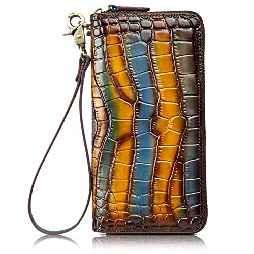 Women's Crocodile Print Genuine Leather Wallet Vintage Multi-Color Wristlet with Phone Pocket (Yellow/Blue)