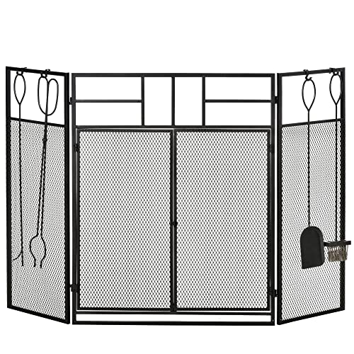 HOMCOM Salvachispas para Chimenea Protector de Chimenea Plegable con Paneles con Doble Puerta 4 Herramientas Estructura de Metal y Ganchos 106x79 cm Negro
