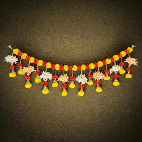 Image of iHandikart Handmade (40 Inch) Decorative Bandanwar with Marigold, Artificial Flowers, Golden Bells & Beads Traditional Door Bandanwar for Makar Sankranti, Lohri, Home Decor & Housewarming (B0066)