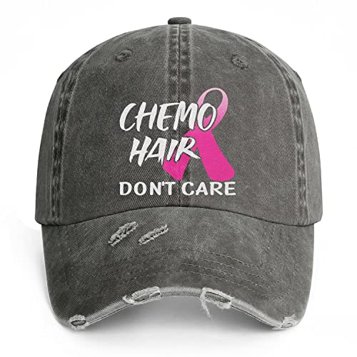 Breast Cancer Gifts For Women - Chemo Hair Dont Care Hat - Pink Ribbon Logo Design - Breast Cancer Awareness Hat Distressed Vintage Denim Baseball Cap #TOP6