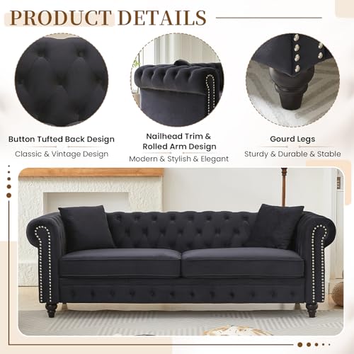 Image of 2 Piece Living Room Sofa Set, Velvet Button Tufted Couch and Loveseat Set with Nailhead Trim&Roll Armrests, Mid Century Modern Chesterfield Sofa for Living Room, Office(Loveseat+3 Seater, Dark Black)