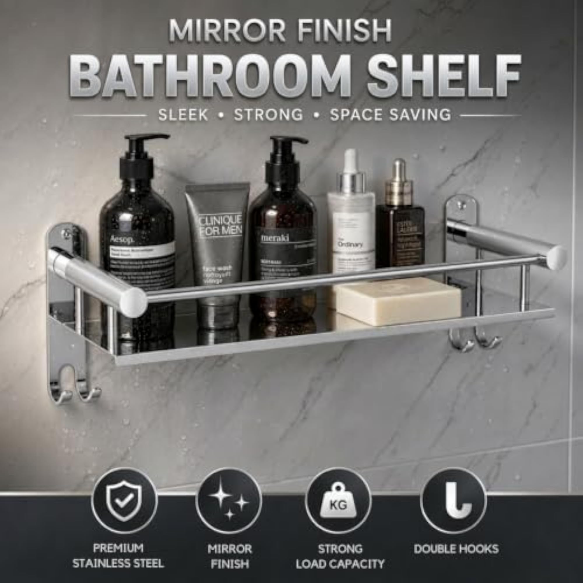 Stainless Steel Bathroom Shelf with Towel Holder, Wall Mounted