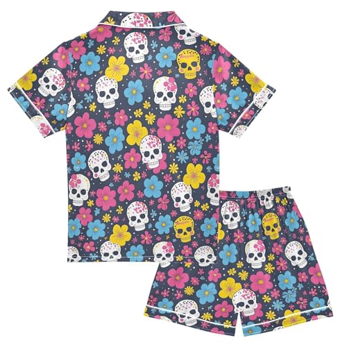 Colorful Skull Flowers Pajamas Set Summer Button Down Sleepwear Pjs Sets Comfy Loungewear2