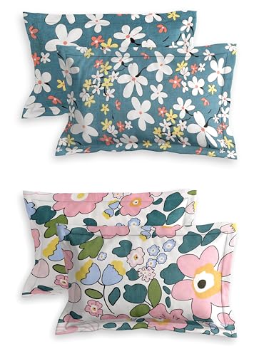 Image of RD TREND Pillow Cover Set of 2 | 210 TC Premium Glace Cotton | Soft & Breathable | Floral Printed Design | Standard Size 18x28 Inches | Teal & Pink | 4 Pcs