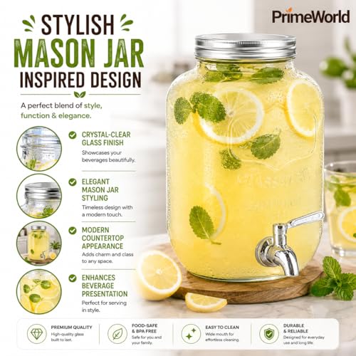 Image of PrimeWorld 1Pc 4 LTR Glass Water Beverage Dispenser - Air Tight Lid Glass Pitcher for Detox Water - Mason Jar - Counter Table Top Juice Water Beer Dispenser for Home & Kitchen Restaurant Party