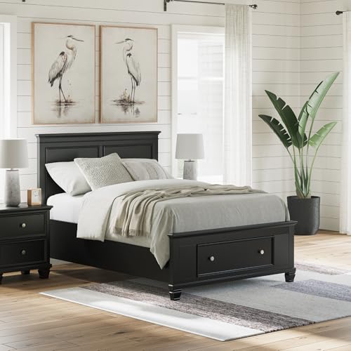 Image of Signature Design by Ashley Lanolee Full Size Bed Frame with Storage, Black | Hardwood solids birch veneer and MDF substrate, 2 footboard storage drawers, Platform design with roll slats, Casual style