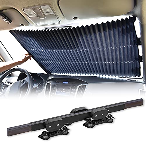 EcoNour Car Retractable Windshield Sun Shade | Aluminum Cloth Fabric Sunshade to Block 99% Sun Heat and UV | Car Sun Visor to Protect Car Interiors | Adjustable Universal Size | Fits for All Cars