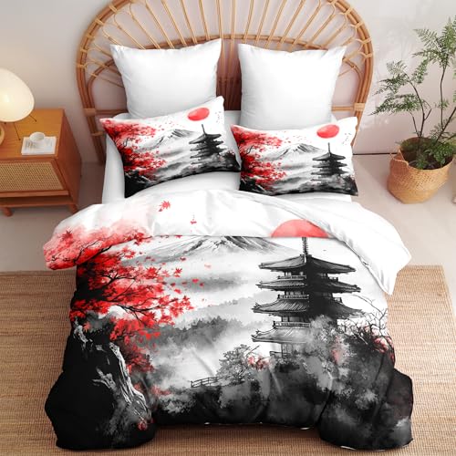 Ccoutuechen Classical Architecture Art Painting Comforter Set Queen, 3pcs Japanese Style Botanical Soft Bedding Set for Women Girl, Lightweight Down Alternative Comforter with 2 Pillowcases(90